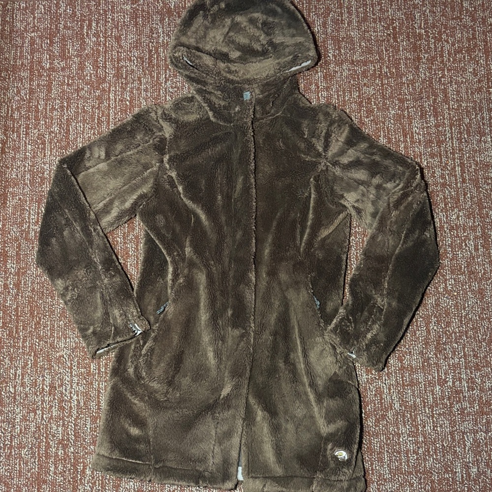Mountain Hardwear mynx hooded Teddy Jacket faux fur chocolate brown warm cozy Xs